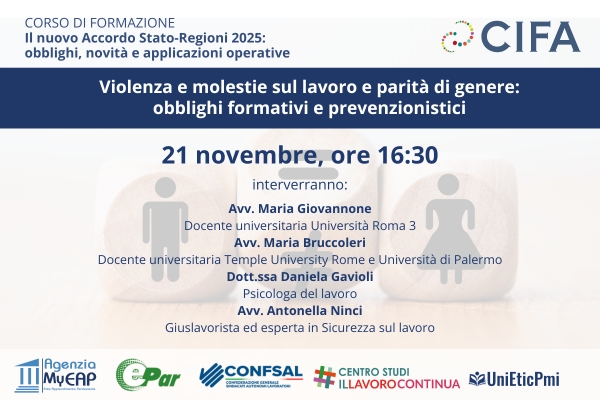 Accordo Stato-Regioni: ultimo modulo su molestie sul lavoro e parità di genere